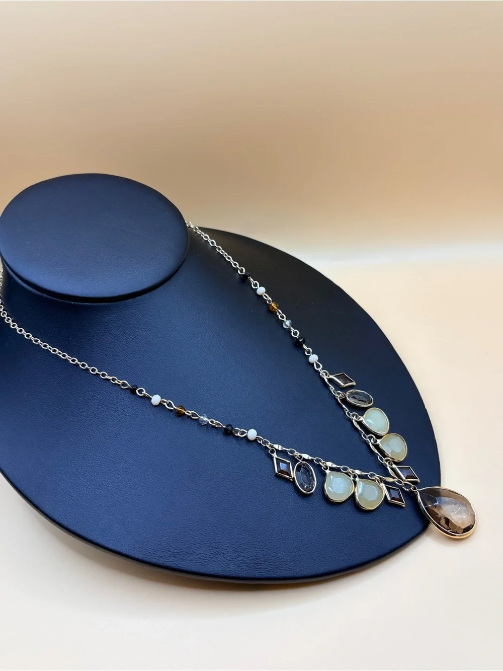 Contemporary Earth Tone Teardrop & Opalescent Lariat Necklace